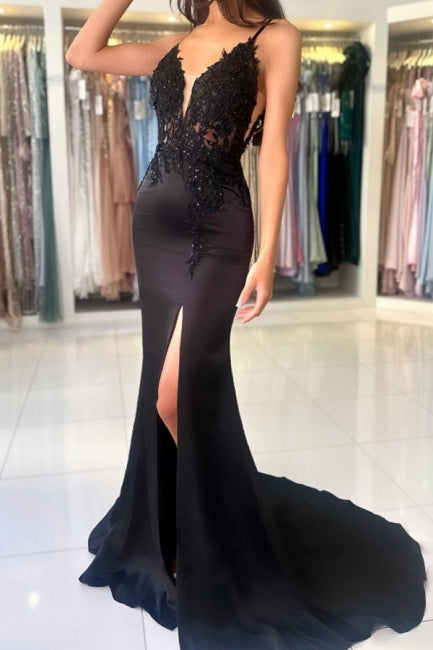 Glamouröses langes Meerjungfrau-Ballkleid mit V-Ausschnitt und Spaghettiträgern aus Spitze und Schlitz