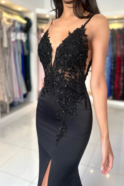 Glamouröses langes Meerjungfrau-Ballkleid mit V-Ausschnitt und Spaghettiträgern aus Spitze und Schlitz