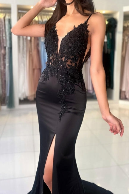 Glamouröses langes Meerjungfrau-Ballkleid mit V-Ausschnitt und Spaghettiträgern aus Spitze und Schlitz