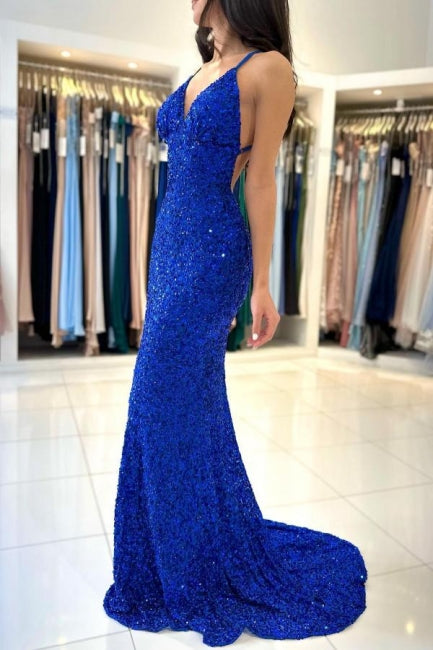 Glamorous Long Royal Blue V-neck Spaghetti Straps Glitter Sleeveless Evening Dresses