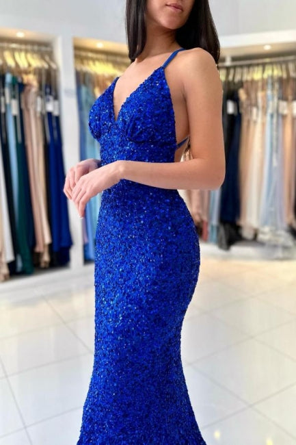 Glamouröses langes königsblaues Abendkleid mit V-Ausschnitt und Spaghettiträgern und Glitzer