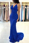 Glamouröses langes königsblaues Abendkleid mit V-Ausschnitt und Spaghettiträgern und Glitzer