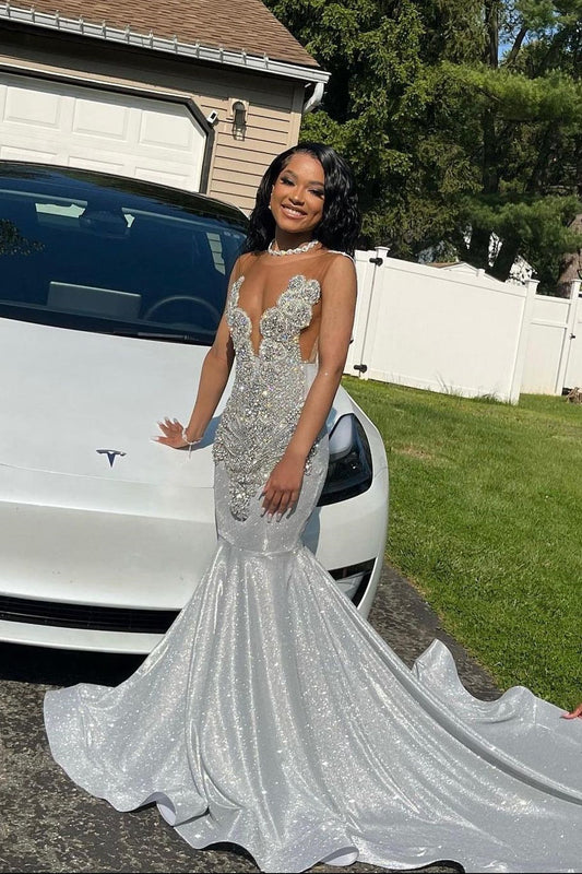 Glamouröses langes silbernes Meerjungfrau-Ballkleid mit Pailletten und Spitze