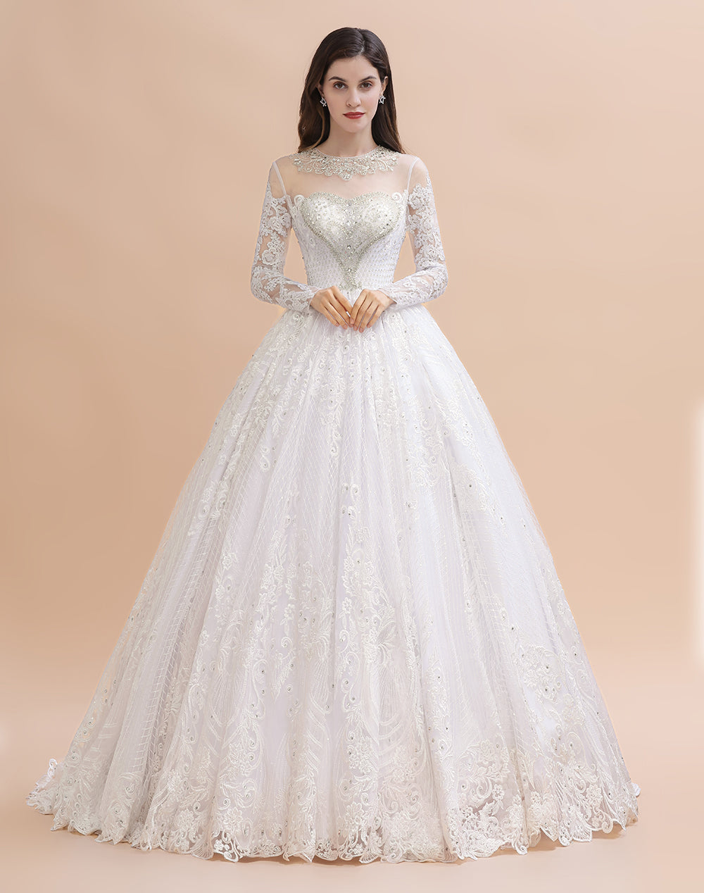 Vestido de novia glamuroso de manga larga con apliques de encaje blanco/marfil y cuentas