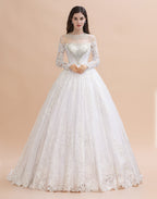 Vestido de novia glamuroso de manga larga con apliques de encaje blanco/marfil y cuentas