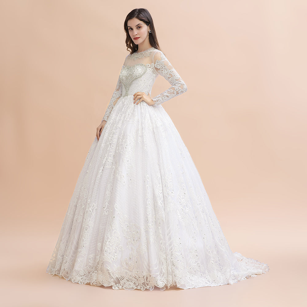 Vestido de novia glamuroso de manga larga con apliques de encaje blanco/marfil y cuentas