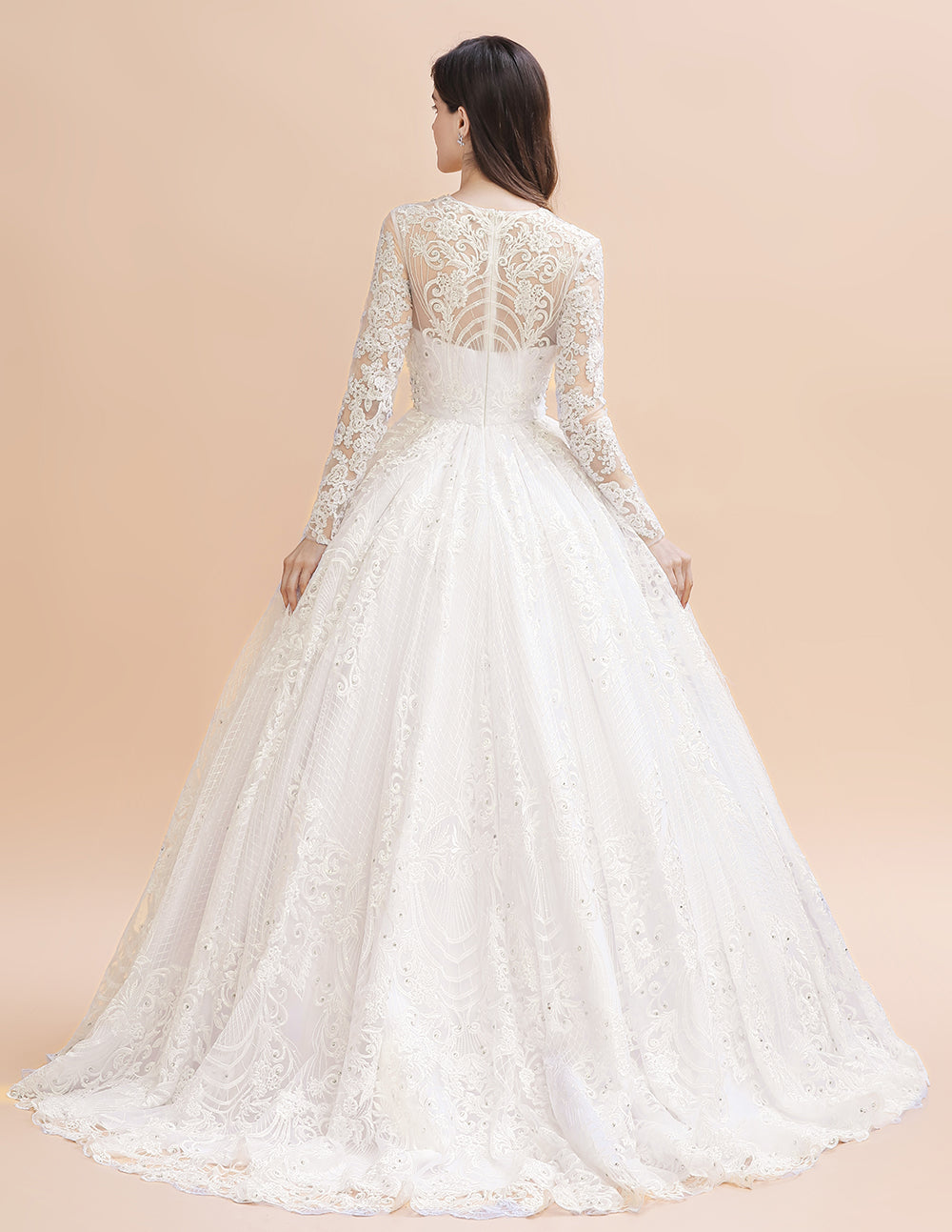 Vestido de novia glamuroso de manga larga con apliques de encaje blanco/marfil y cuentas