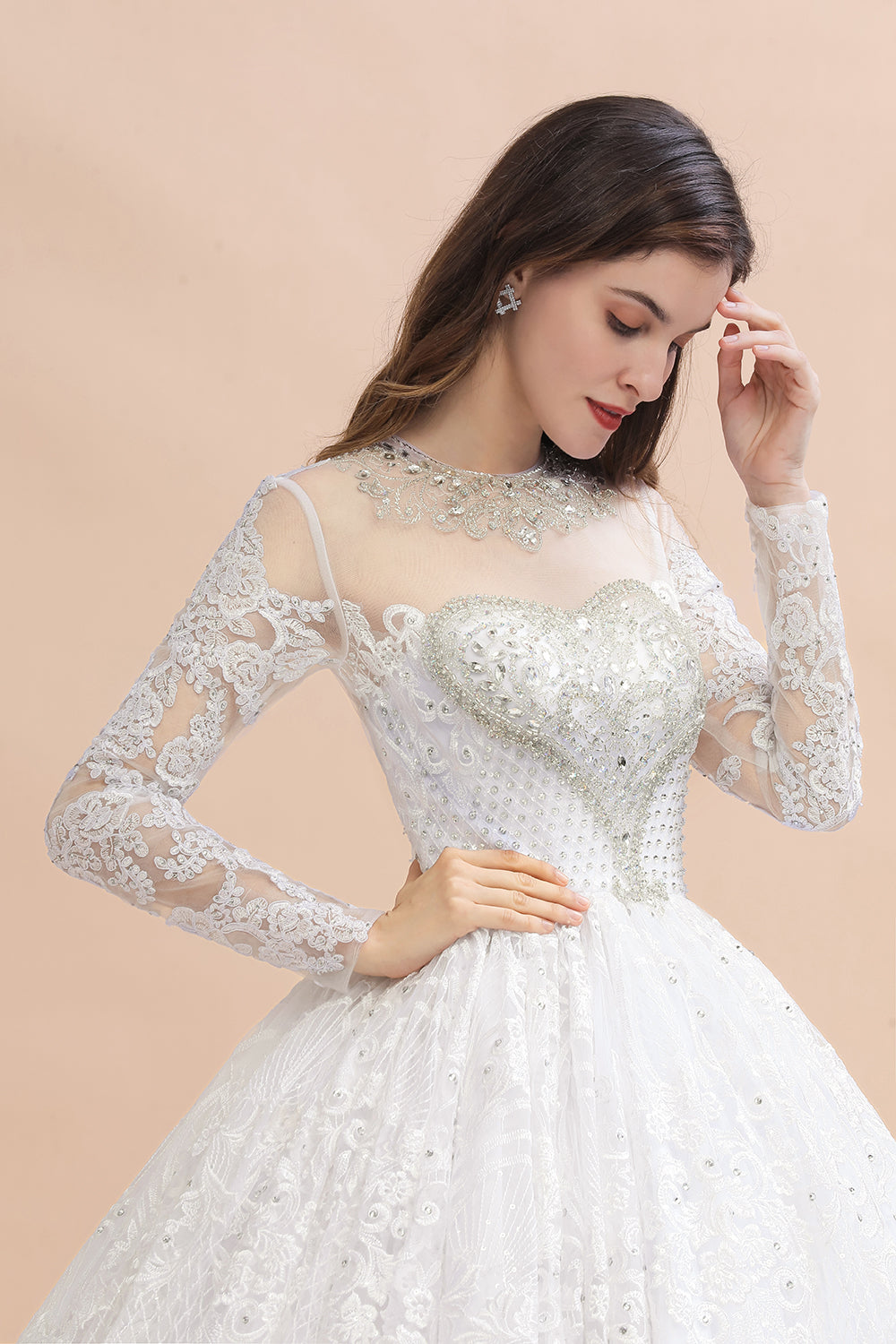 Vestido de novia glamuroso de manga larga con apliques de encaje blanco/marfil y cuentas