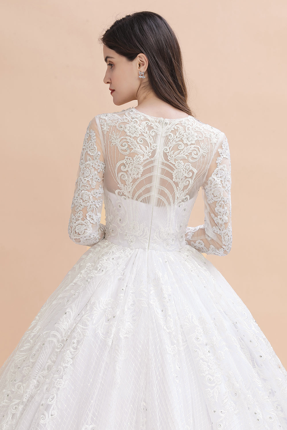 Vestido de novia glamuroso de manga larga con apliques de encaje blanco/marfil y cuentas