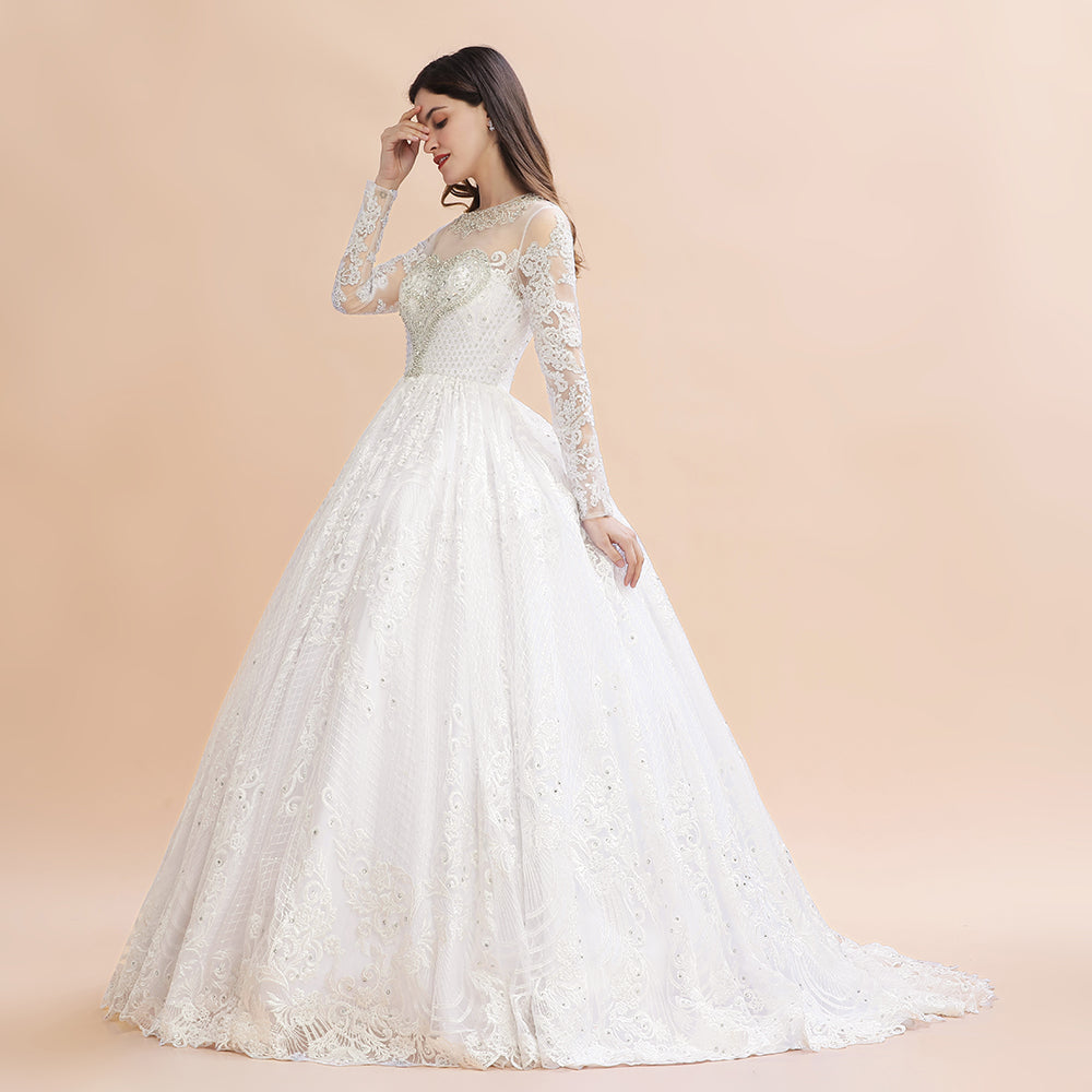 Vestido de novia glamuroso de manga larga con apliques de encaje blanco/marfil y cuentas