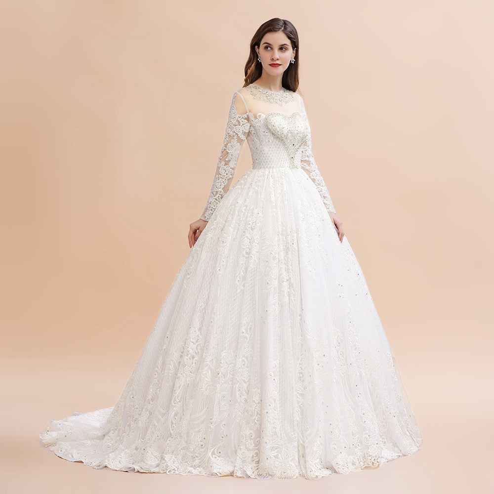 Vestido de novia glamuroso de manga larga con apliques de encaje blanco/marfil y cuentas