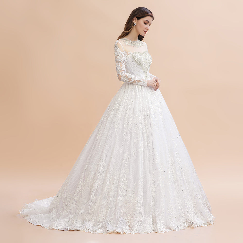 Vestido de novia glamuroso de manga larga con apliques de encaje blanco/marfil y cuentas
