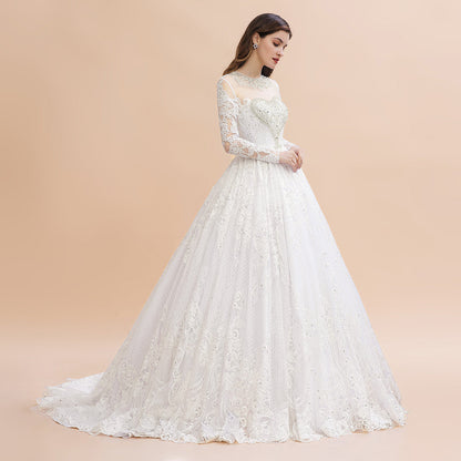 Glamorous Long Sleeve Beads White/Ivory Lace Appliques Wedding Dress