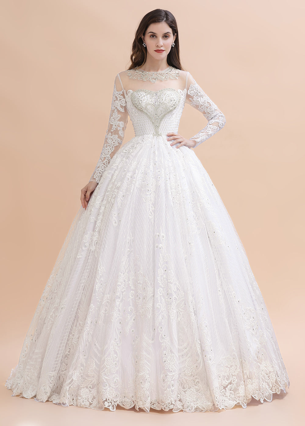 Vestido de novia glamuroso de manga larga con apliques de encaje blanco/marfil y cuentas