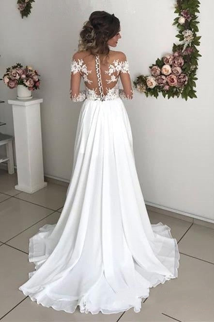 Glamouröse Langarm-Brautkleider aus Spitze | Chiffon-Brautkleider mit Schlitz 