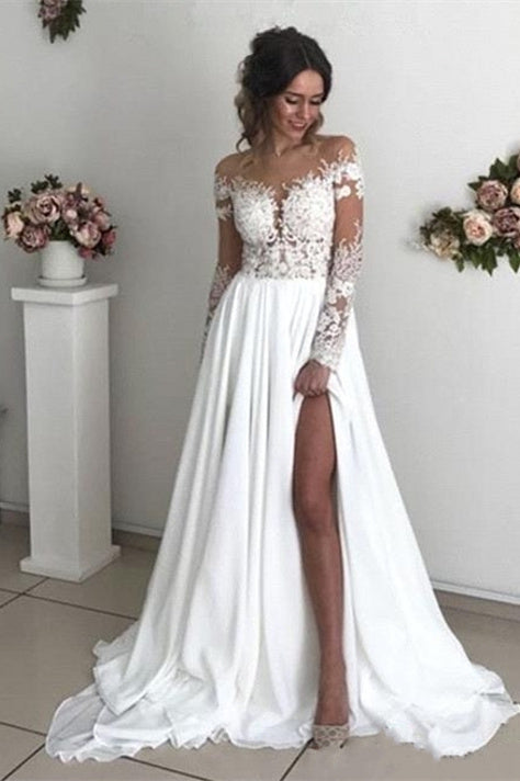 Glamouröse Langarm-Brautkleider aus Spitze | Chiffon-Brautkleider mit Schlitz 