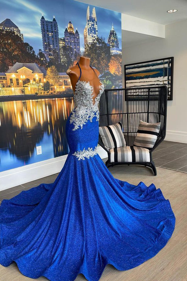 Glamoroso vestido de fiesta largo sin mangas con escote tipo sirena, espalda descubierta y cuentas