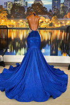 Glamoroso vestido de fiesta largo sin mangas con escote tipo sirena, espalda descubierta y cuentas