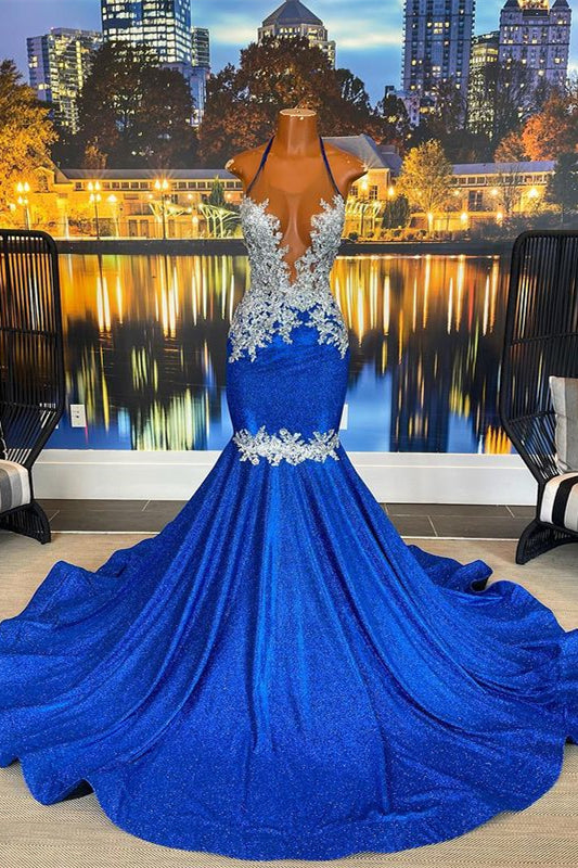 Glamoroso vestido de fiesta largo sin mangas con escote tipo sirena, espalda descubierta y cuentas