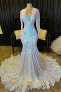 Glamoroso vestido de fiesta de manga larga con lentejuelas y corte sirena en oferta