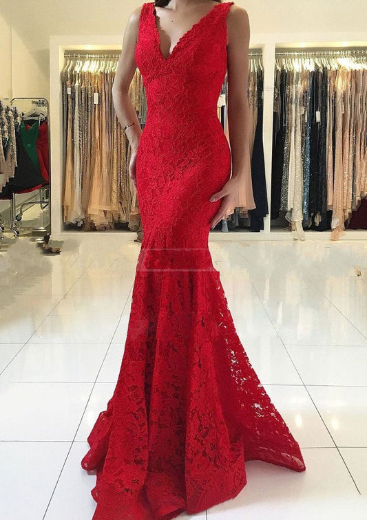 Glamouröses langes rotes Ballkleid mit V-Ausschnitt und Spitze im Meerjungfrauen-Stil
