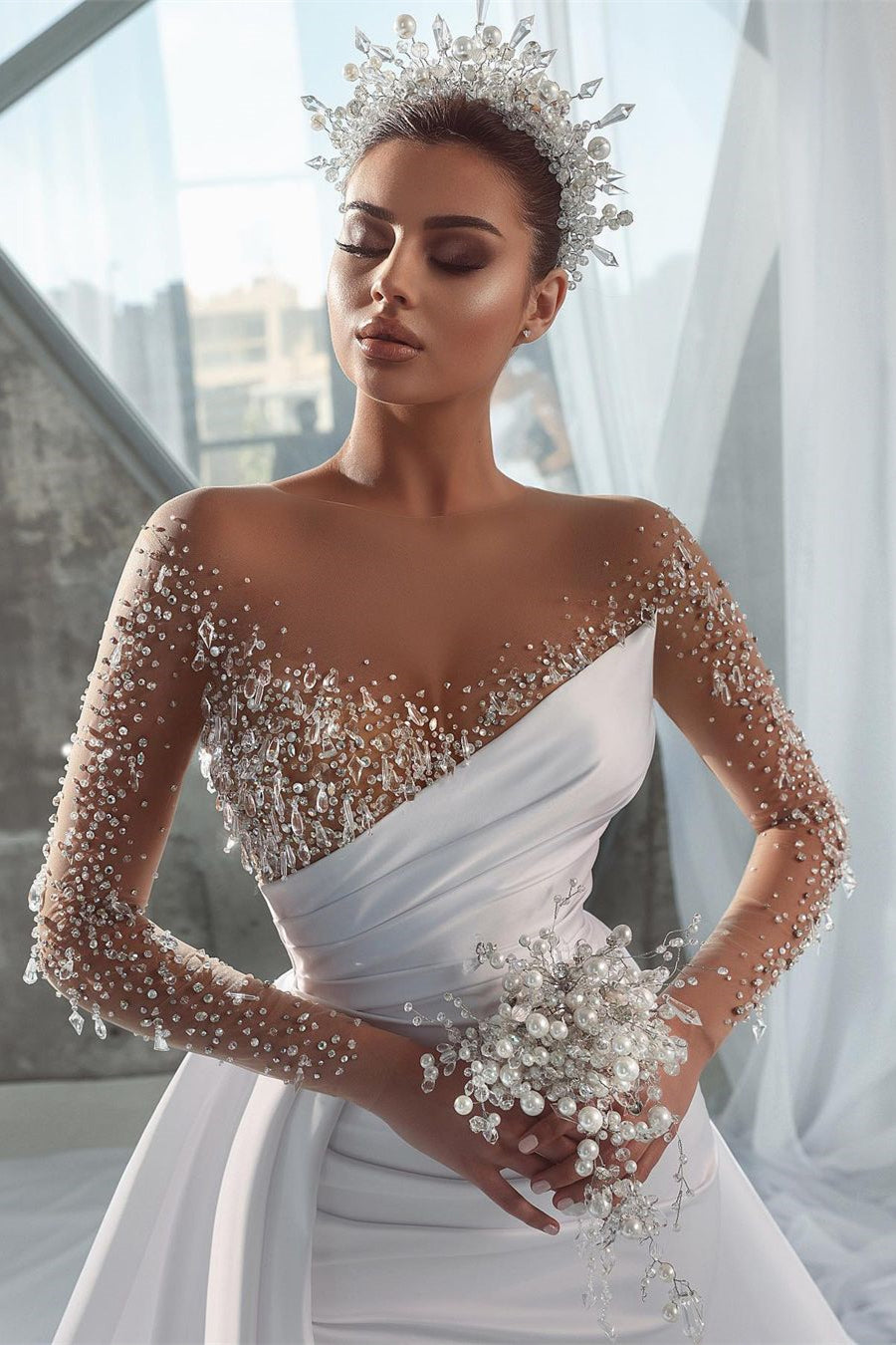 Glamorous Long White Long Sleeves Satin Crystal Wedding Dress With Detachable Train