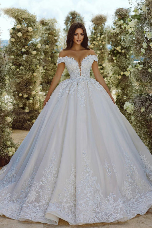 Glamouröses schulterfreies A-Linien-Brautkleid mit V-Ausschnitt, Spitzenapplikationen