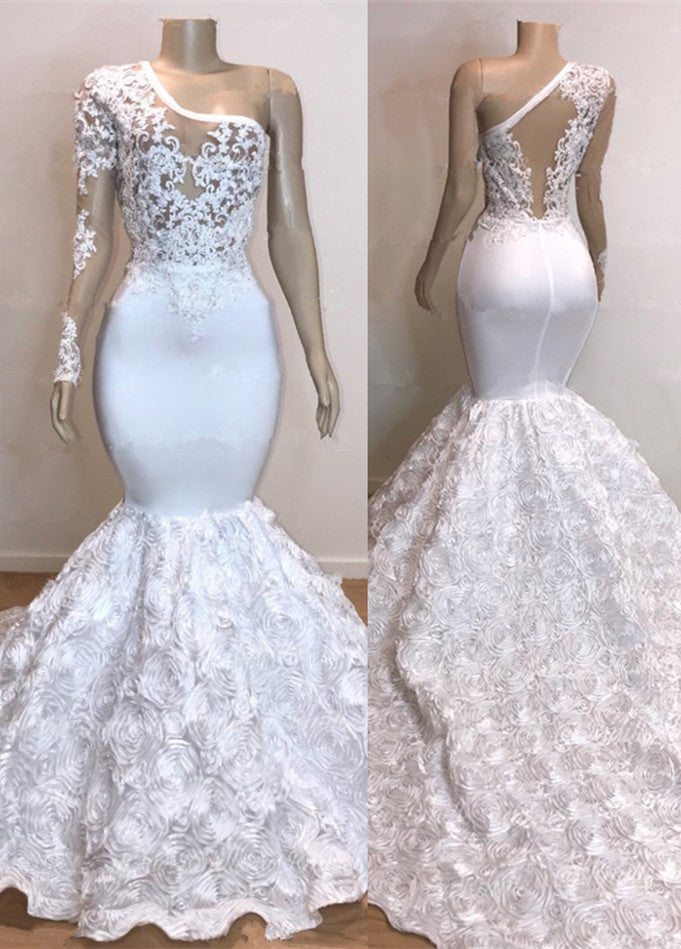 Glamouröses weißes Ballkleid mit One-Shoulder-Träger und langen Ärmeln 
