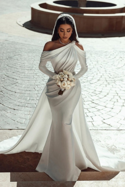 Glamouröses One-Shoulder-Langarm-Meerjungfrau-Satin-Brautkleid mit Rüschen