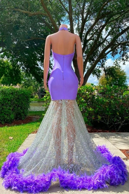 Glamouröses lila Neckholder-Ballkleid im Meerjungfrau-Stil, bodenlang, Satin, ärmellos, mit Applikationen