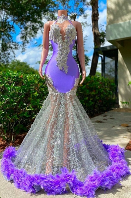 Glamouröses lila Neckholder-Ballkleid im Meerjungfrau-Stil, bodenlang, Satin, ärmellos, mit Applikationen