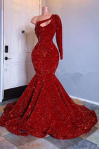 Glamouröses rotes langärmliges One-Shoulder-Meerjungfrau-Ballkleid mit Pailletten