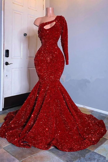 Glamouröses rotes langärmliges One-Shoulder-Meerjungfrau-Ballkleid mit Pailletten