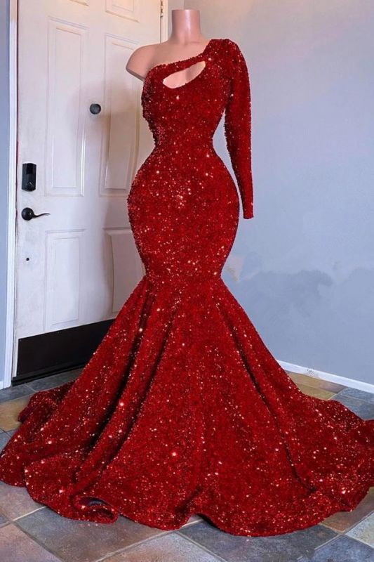Glamouröses rotes langärmliges One-Shoulder-Meerjungfrau-Ballkleid mit Pailletten