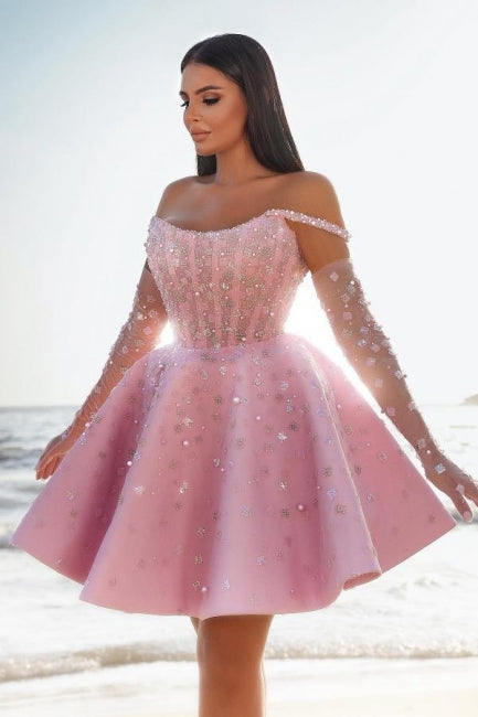 Glamouröses kurzes rosa Cocktailkleid, schulterfreies Glitzer-Ballkleid mit Spitze
