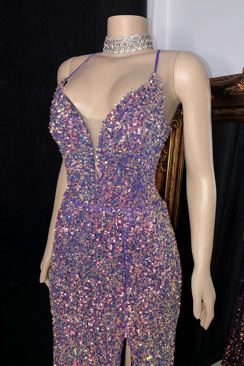Glamouröses ärmelloses Ballkleid mit Spaghettiträgern, V-Ausschnitt und Pailletten und Schlitz