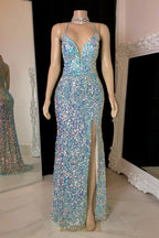 Glamouröses ärmelloses Ballkleid mit Spaghettiträgern, V-Ausschnitt und Pailletten und Schlitz