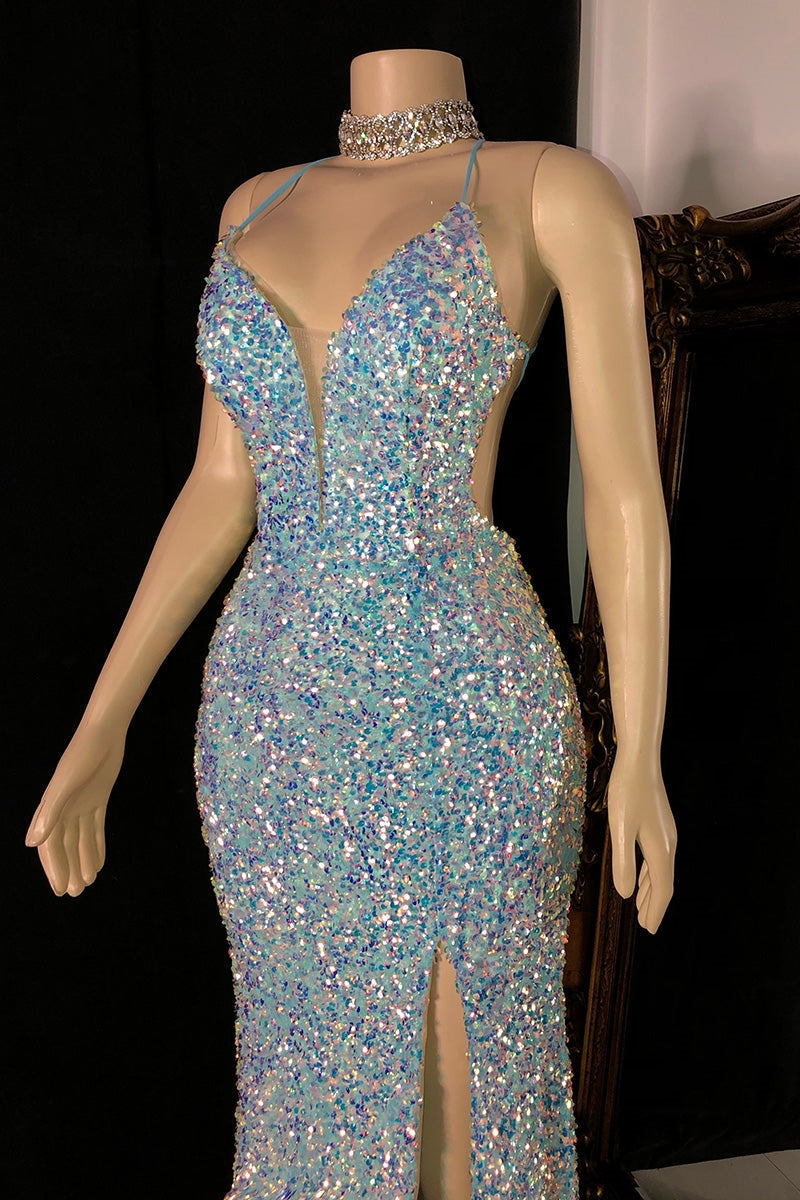 Glamouröses ärmelloses Ballkleid mit Spaghettiträgern, V-Ausschnitt und Pailletten und Schlitz
