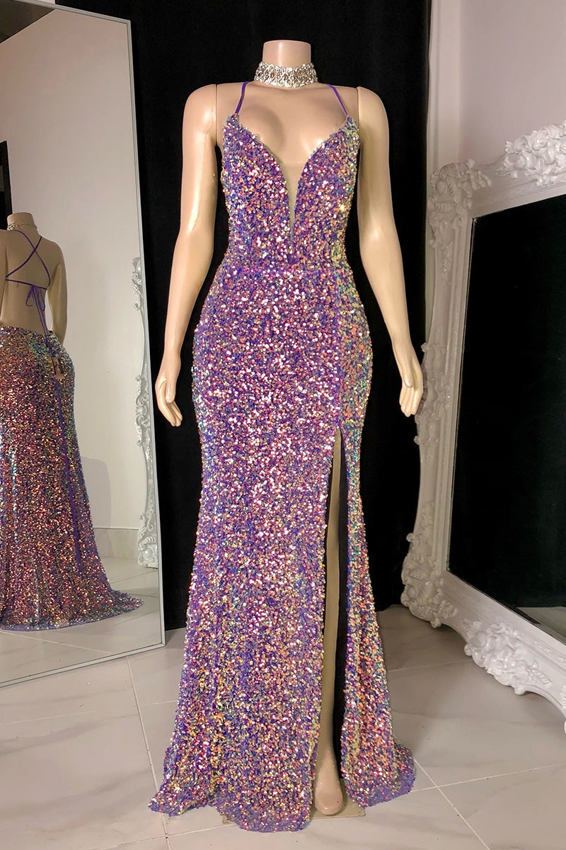 Glamouröses ärmelloses Ballkleid mit Spaghettiträgern, V-Ausschnitt und Pailletten und Schlitz
