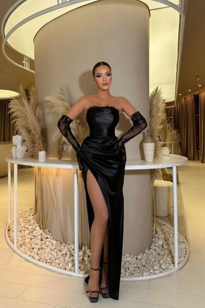 Glamourosos vestidos de noite de cetim com babados e sereia sem alças