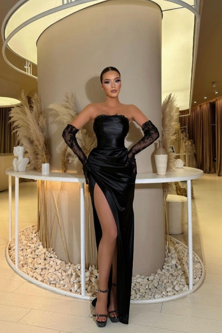 Glamorous strapless mermaid column satin evening dresses ruffles