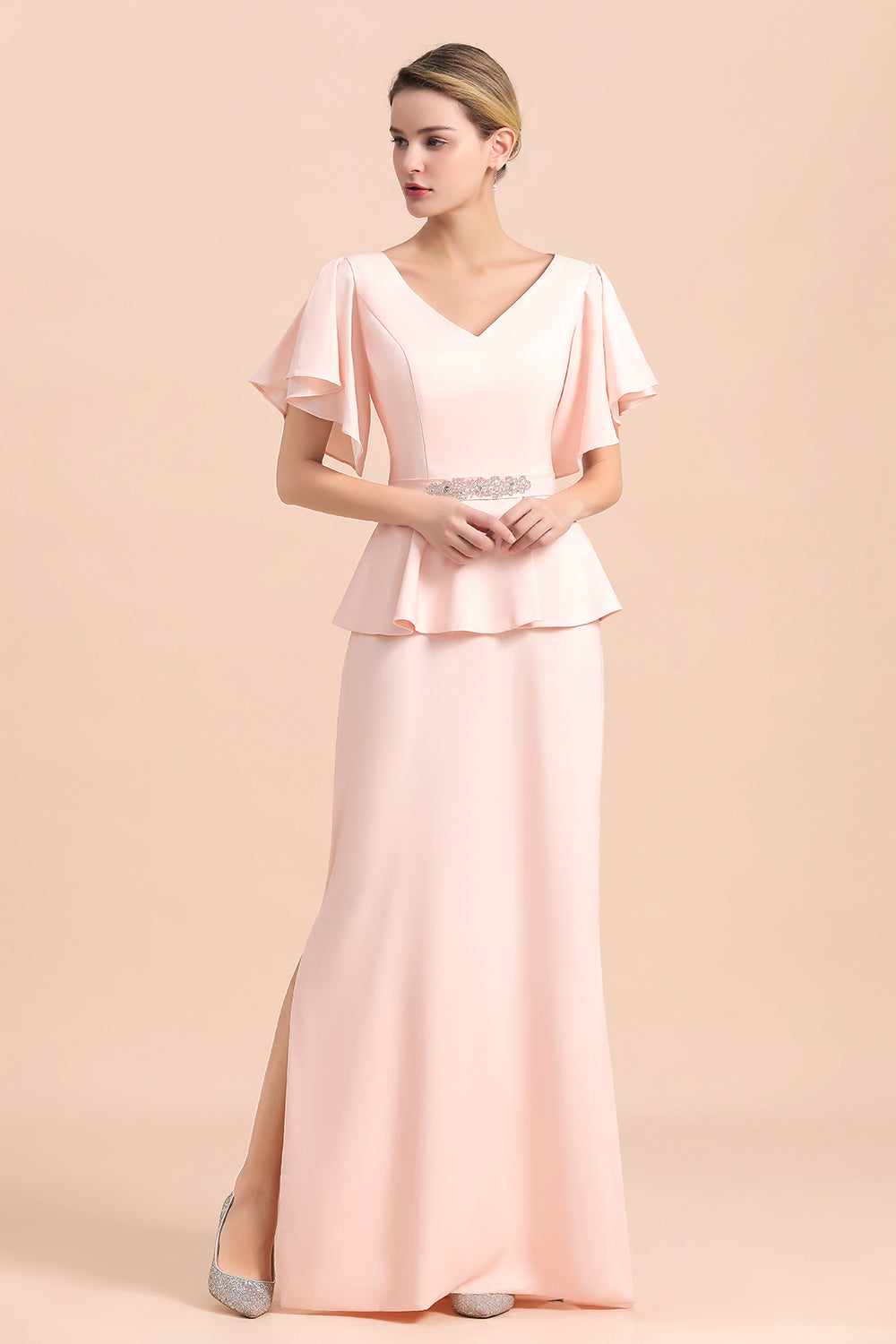 Glamouröses Kleid für die Brautmutter mit V-Ausschnitt, Schlitz vorne und Perlenbesatz
