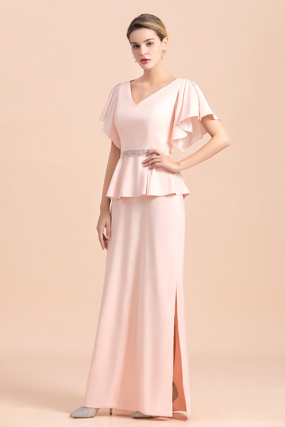 Glamouröses Kleid für die Brautmutter mit V-Ausschnitt, Schlitz vorne und Perlenbesatz