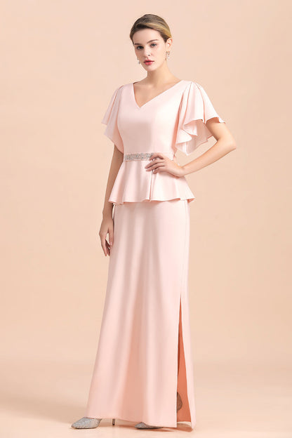 Glamouröses Kleid für die Brautmutter mit V-Ausschnitt, Schlitz vorne und Perlenbesatz