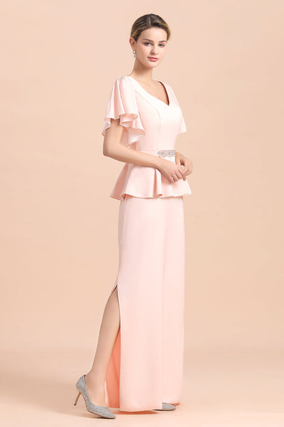 Glamouröses Kleid für die Brautmutter mit V-Ausschnitt, Schlitz vorne und Perlenbesatz