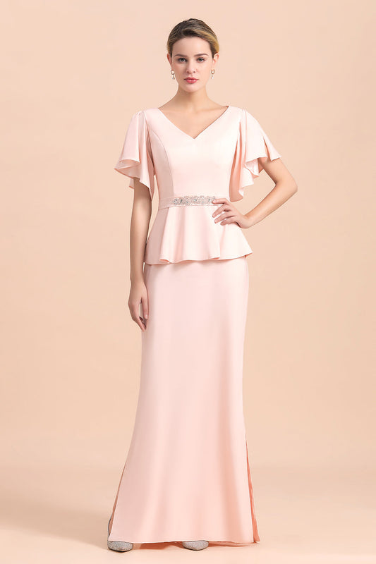 Glamouröses Kleid für die Brautmutter mit V-Ausschnitt, Schlitz vorne und Perlenbesatz