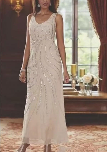 Glamoroso vestido de madre de gasa con escote en V y mangas largas en forma de A con lentejuelas