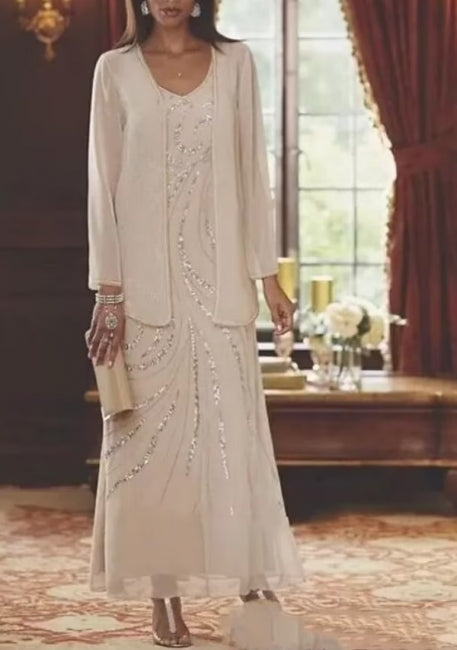 Glamoroso vestido de madre de gasa con escote en V y mangas largas en forma de A con lentejuelas