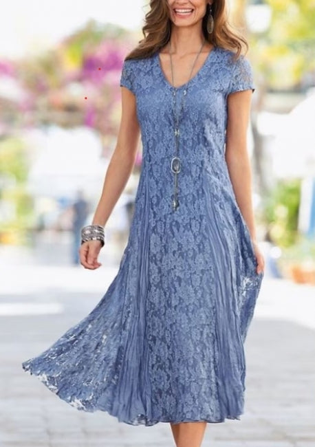 Glamouröses A-Linien-Kleid mit V-Ausschnitt und kurzen Ärmeln aus Spitze für Mütter