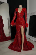 Glamoroso vestido de fiesta de sirena con escote en V y abertura frontal con mangas largas